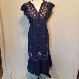 Embroidered Navy Midi Dress with Floral Detail